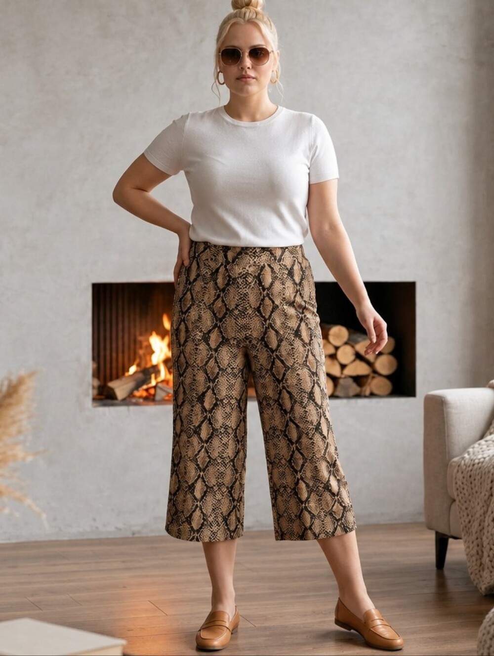 Susan Graver Snake Print Liquid Knit Wide-Leg Cropped Pants
